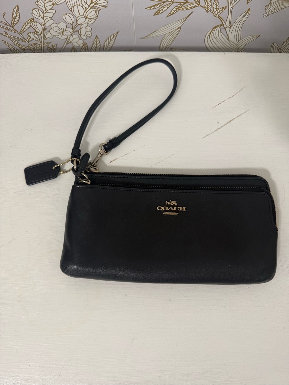 Coach Black Leather Double-Zip Wristlet with Gold Logo
